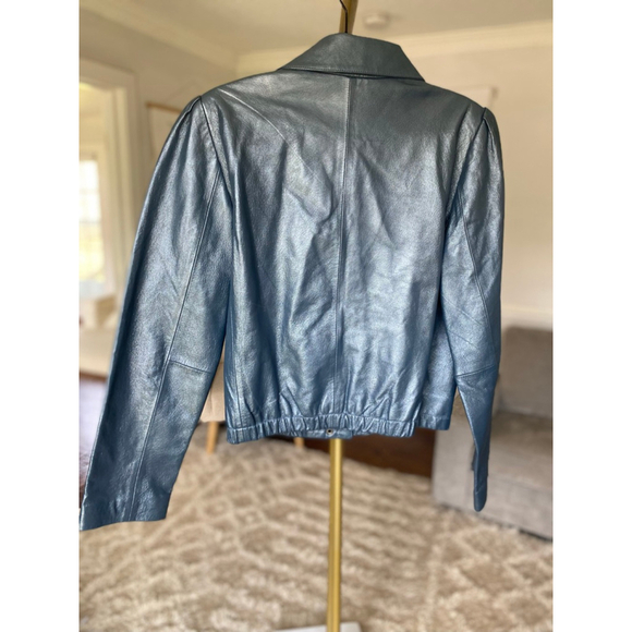 Vintage Bagatelle Leather Jacket Metallic Blue Cropped Moto Retro Scandi City - Picture 3 of 13